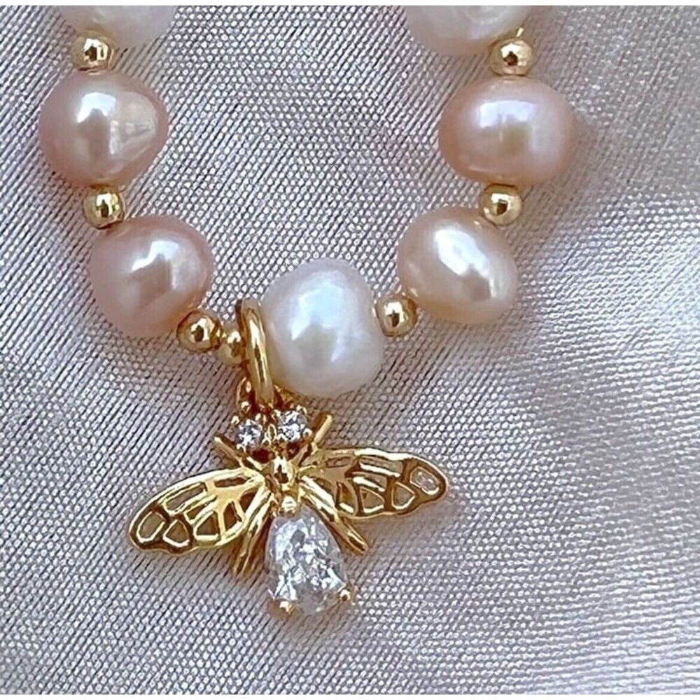 18K Gold Plated bumblebee charm Natural Pearl Bracelet Womens Jewelry